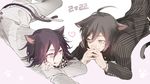  2boys ahoge animal_ears black_hair blazer buttons cat_ears checkered_scarf couple danganronpa gold_eyes jacket long_sleeves matching_hair/eyes multiple_boys new_danganronpa_v3 ouma_kokichi pants purple_eyes purple_hair saihara_shuuichi scarf school_uniform shirt short_hair straitjacket tail tongue tongue_out uniform 