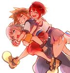  armpits blue_eyes breasts brown_hair chain closed_eyes gloves hug hug_from_behind kairi_(kingdom_hearts) kingdom_hearts legs multiple_boys pomiko red_hair riku short_hair shorts shorts_under_skirt silver_hair small_breasts sora_(kingdom_hearts) source_request 