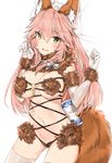  alternate_color animal_ear_fluff animal_ears bangs blush breasts brown_panties cosplay cowboy_shot dangerous_beast elbow_gloves eyebrows_visible_through_hair fate/grand_order fate_(series) fox_ears fox_tail fur-trimmed_gloves fur_collar fur_trim gloves hands_up highres large_breasts long_hair looking_at_viewer navel o-ring o-ring_top open_mouth panties pink_hair revealing_clothes sidelocks silver_(chenwen) simple_background smile solo tail tamamo_(fate)_(all) tamamo_no_mae_(fate) teeth thighhighs tsurime underwear white_background white_gloves white_legwear yellow_eyes 
