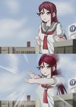  1girl beam building charging highres image_sample koharu_madara_(blooming_babe) love_live! love_live!_sunshine!! parody red_hair sakurauchi_riko school_uniform sleeveless tagme twitter_sample ultra_series ultraman_tiga_(series) yellow_eyes 