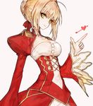  :&gt; ahoge arrow_through_heart bad_id bad_twitter_id bangs blonde_hair braid breasts cleavage cleavage_cutout closed_mouth commentary directional_arrow dress epaulettes eyebrows_visible_through_hair fate/extra fate_(series) from_side green_eyes hair_bun hair_ribbon heart juliet_sleeves long_sleeves looking_at_viewer medium_breasts mo_(mocopo) nero_claudius_(fate) nero_claudius_(fate)_(all) pink_background puffy_sleeves red_dress red_ribbon ribbon simple_background smile solo standing v-shaped_eyebrows 