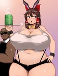  1girl :o animal_ears belly blush bow bowtie breasts bunny_ears cleavage commentary cookie_(touhou) covered_nipples crop_top curvy dark_skin fat gigantic_breasts hair_bow hair_tubes hakurei_reimu highres medium_hair muscle navel oozon_(ozon) plump puffy_nipples red_eyes reu short_shorts shorts sunglasses touhou tsurime v-shaped_eyebrows wide_hips wrist_cuffs 