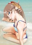  :d arm_at_side arm_up bangs bare_arms bare_legs bare_shoulders bikini blue_bikini blue_eyes blush breasts brown_hair butt_crack cleavage commentary_request day downblouse ear_piercing earrings from_above head_tilt heart heart_earrings highres jewelry kantai_collection kazagumo_(kantai_collection) long_hair looking_at_viewer looking_to_the_side namiki_kojiro nape ocean open_mouth outdoors piercing sitting small_breasts smile solo striped striped_bikini swimsuit twitter_username water yokozuwari 