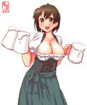  :d alternate_costume apron beer_mug breasts brown_eyes brown_hair cleavage cup dated dirndl dress german_clothes highres hiryuu_(kantai_collection) holding holding_cup kanon_(kurogane_knights) kantai_collection large_breasts looking_at_viewer oktoberfest open_mouth short_hair short_sleeves side_ponytail simple_background smile solo underbust waitress white_background 