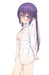  arms_behind_back bangs blush breasts buttons cleavage closed_mouth collarbone collared_shirt cowboy_shot dress_shirt embarrassed eyebrows_visible_through_hair gochuumon_wa_usagi_desu_ka? groin hair_between_eyes hair_ornament hairclip large_breasts legs_apart long_hair long_sleeves looking_at_viewer medium_breasts mikazuchi_zeus naked_shirt no_panties open_clothes open_shirt purple_eyes purple_hair revision shirt sidelocks simple_background solo standing stomach tedeza_rize twintails underwear wavy_mouth white_background white_shirt 