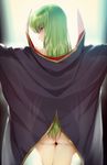  ass bangs bottomless c.c. cape code_geass cowboy_shot creayus from_behind green_hair long_hair looking_at_viewer looking_back naked_cape see-through_silhouette shiny shiny_hair smile solo standing yellow_eyes 