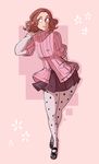  absurdres brown_eyes brown_hair commentary floral_print highres mary_janes okumura_haru pantyhose persona persona_5 pink_sweater print_legwear ribbed_sweater scruffyturtles shoes short_hair skirt solo sweater white_legwear 