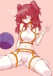  1girl armlet bad_haro bike_shorts crop_top gundam gundam_00 haro heart jewelry midriff navel nena_trinity one_eye_closed red_hair see-through sitting solo two_side_up v wariza wink wristband yellow_eyes 