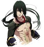  1boy bare_chest black_hair chest_tattoo collarbone fate/grand_order fate_(series) green_eyes long_hair male_focus multiple_boys nagatekkou pectorals ponytail smile tattoo toned toned_male upper_body yan_qing_(fate/grand_order) 