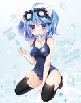  :3 ahoge animal_band_legwear animal_ears bangs bare_arms bare_shoulders between_legs black-framed_eyewear black_legwear blue_hair blue_swimsuit blush breasts cat_band_legwear cat_ears cleavage collar collarbone covered_navel food food_in_mouth full_body furrowed_eyebrows goggles goggles_on_head hand_between_legs holding holding_food jitome looking_at_viewer medium_breasts mouth_hold one-piece_swimsuit original paw_background popsicle purple_eyes ratise school_swimsuit shiny shiny_skin short_hair sitting solo swimsuit thighhighs translation_request wariza 