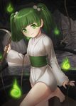  bangs bare_legs barefoot bucket cave eyebrows_visible_through_hair green_eyes green_hair hair_bobbles hair_ornament highres hitodama holding japanese_clothes kisume long_sleeves looking_at_viewer mikami_yuuki_(nl8you) sash sickle smile solo standing standing_on_one_leg touhou two_side_up 
