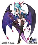  aqua_hair black_footwear black_gloves black_legwear breasts copyright_name demon_girl demon_horns demon_tail demon_wings fujishiro_kokoa full_body garter_straps gloves groin hair_over_one_eye hand_on_hip high_heels horns jewelry long_hair looking_at_viewer medium_breasts necklace o-ring official_art original solo standing standing_on_one_leg sword tail the_caster_chronicles thighhighs weapon wings 