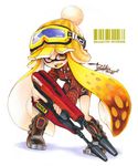  artist_name bangs barcode bike_shorts black_footwear black_shorts blonde_hair blunt_bangs bobblehat boots collared_shirt dated domino_mask dual_squelcher_(splatoon) fangs full_body goggles goggles_on_headwear hat holding holding_weapon inkling inkling_(language) isamu-ki_(yuuki) long_hair long_sleeves looking_at_viewer marker_(medium) mask open_mouth plaid plaid_shirt pointy_ears red_shirt shirt shorts signature single_vertical_stripe solo splatoon_(series) splatoon_1 standing tentacle_hair traditional_media twitter_username weapon white_background yellow_eyes yellow_hat 