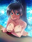  :d antenna_hair arm_support bangs bare_arms bare_shoulders bikini_top black_hair blue_bow blue_eyes blush bow breast_hold breasts cleavage collarbone commentary_request covered_nipples fang ganaha_hibiki hair_between_eyes hair_bow highres idolmaster idolmaster_(classic) kaiga long_hair looking_at_viewer medium_breasts open_mouth partially_submerged ponytail pool poolside red_scrunchie scrunchie shiny shiny_skin smile solo tan tareme upper_body very_long_hair water wet white_bikini_top wrist_scrunchie 