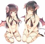  :&gt; bangs between_legs bikini black_bikini black_footwear black_hair blush breasts cleavage closed_mouth collarbone criss-cross_halter demon_girl demon_horns demon_tail demon_wings eyebrows_visible_through_hair full_body halterneck hand_between_legs high_heels highres horns light_smile long_hair looking_at_viewer manatsuki_manata medium_breasts multiple_girls navel original parted_lips purple_eyes seiza shoes sidelocks simple_background sitting smile succubus swimsuit tail tareme teeth thighs tsurime white_background wings yellow_eyes 