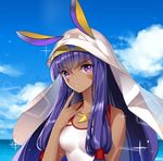  animal_ears bare_arms bare_shoulders blanket blue_sky blush breasts bunny_ears closed_mouth cloud collarbone commentary dark_skin day facepaint fate/grand_order fate_(series) gekka_nanako hair_tubes hairband highres jewelry lips long_hair looking_at_viewer medium_breasts necklace nitocris_(fate/grand_order) nitocris_(swimsuit_assassin)_(fate) one-piece_swimsuit pointing pointing_at_self purple_eyes purple_hair sidelocks sky smile solo sparkle swimsuit two-tone_hairband very_long_hair white_swimsuit 