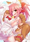  absurdres animal_ears apron bell bell_collar blush breasts cleavage collar fate/extra fate/grand_order fate_(series) fox_ears fox_tail gloves hair_ribbon highres large_breasts long_hair looking_at_viewer maid_headdress naked_apron no_panties open_mouth paw_gloves paws pink_hair ribbon sideboob solo tail tamamo_(fate)_(all) tamamo_cat_(fate) wakagi_repa yellow_eyes 