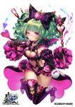  ;) bad_leg black_bow black_gloves black_legwear black_skirt bow breasts choker cleavage detached_sleeves gem gloves green_hair heart heart_choker holding holding_wand long_hair medium_breasts midriff navel navel_cutout official_art one_eye_closed puffy_sleeves purple_eyes side_cutout skirt smile solo terai_(teraimorimori) the_caster_chronicles wand 