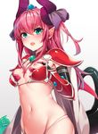  armor bangs bikini bikini_armor blue_eyes blush breasts cape elizabeth_bathory_(brave)_(fate) elizabeth_bathory_(fate)_(all) eyebrows_visible_through_hair fate/extra fate/extra_ccc fate/grand_order fate_(series) gauntlets hair_ribbon highres horns kaerunoko long_hair navel nipples pauldrons pink_hair purple_ribbon red_armor red_bikini ribbon self_fondle silver_trim simple_background slime small_breasts solo stomach sweat swimsuit tail tiara white_background 