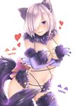  animal_ears breasts claws dangerous_beast elbow_gloves fang fate/grand_order fate_(series) fur_trim gloves hair_over_one_eye halloween_costume highres large_breasts lavender_hair looking_at_viewer mash_kyrielight meo_(1271884559) navel o-ring open_mouth purple_eyes short_hair smile solo tail thighhighs wolf_ears wolf_tail 
