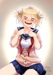  2017 :d absurdres artist_name bangs blonde_hair blunt_bangs blush boku_no_hero_academia cardigan dated double_bun fangs half-closed_eyes highres open_mouth pleated_skirt rara086 school_uniform skirt sleeves_rolled_up smile solo teeth toga_himiko twintails unbuttoned untied yandere_trance yellow_eyes 