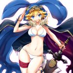  bikini blonde_hair blue_eyes breasts cape character_request copyright_request fur_trim highres hood hoodie large_breasts looking_at_viewer navel open_mouth short_hair swimsuit sword tattoo translation_request watarui weapon white_bikini 