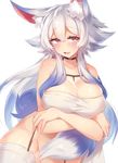  animal_ears bare_shoulders blue_hair blush breasts choker cleavage collarbone commentary_request covering covering_crotch fox_ears fox_tail garter_straps gradient_hair large_breasts long_hair looking_at_viewer multicolored_hair no_panties original parted_lips pink_eyes smile solo tail thighhighs white_hair white_legwear yamaarashi 
