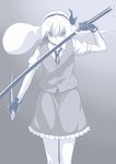  :| bow buttons closed_mouth collared_shirt commentary_request cowboy_shot gloves hair_between_eyes hair_bow hairband hand_up holding holding_sheath holding_sword holding_weapon katana konpaku_youmu konpaku_youmu_(ghost) legs_together long_sword looking_at_viewer monochrome necktie poronegi shaded_face sheath shirt short_hair short_sleeves simple_background skirt solo standing sword touhou unsheathed v-shaped_eyebrows vest weapon 