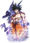  1boy angry aura black_hair dragon dragon_ball dragon_ball_super injury male muscle scratches serious shadow shiny silver_eyes son_gokuu standing torn_clothes ultra_instinct 