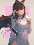  animal_ears artist_name atago_(azur_lane) azur_lane breasts brown_eyes brown_hair closed_mouth extra_ears gloves hair_ribbon hair_twirling koyorin lips long_hair long_sleeves looking_at_viewer medium_breasts military military_uniform miniskirt mole mole_under_eye pencil_skirt ribbon side_slit skirt solo sword two-tone_background uniform upper_body very_long_hair weapon weapon_on_back white_gloves white_ribbon 