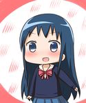  :d bangs blue_eyes blue_hair blue_skirt blue_sweater blush bow bowtie chibi commentary_request cowboy_shot hair_down hana_kazari highres kin-iro_mosaic komichi_aya long_hair long_sleeves looking_at_viewer open_mouth pink_neckwear pleated_skirt school_uniform shirt sidelocks skirt smile solo standing striped striped_neckwear sweater two-tone_background v-shaped_eyebrows white_shirt 