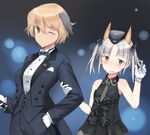  ;) animal_ears blonde_hair blush bow bowtie_removed brave_witches brown_eyes commentary_request dog_ears edytha_rossmann formal fox_ears garrison_cap gloves hair_bow hand_in_pocket hat jacket long_sleeves looking_at_viewer multiple_girls necktie one_eye_closed shimada_fumikane short_hair silver_hair sleeveless smile striped striped_neckwear suit twintails vertical_stripes vest waltrud_krupinski white_gloves world_witches_series 