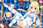  4girls :&lt; :3 :d :o =_= ace_of_clubs ace_of_hearts alice_(wonderland) alice_in_wonderland animal_ears animal_hat aoi_yun apron argyle argyle_background bangs black_bow blonde_hair blue_background blue_bow blue_hair blue_shirt blue_skirt blush book bow breasts brown_footwear bunny_ears bunny_girl bunny_tail card cat_ears cat_hat checkerboard_cookie cheshire_cat chibi closed_eyes closed_mouth club_(shape) commentary_request cookie diamond_(shape) dress eat_me eyebrows_visible_through_hair fingernails flower food frilled_shirt frills green_eyes hair_between_eyes hair_bow hair_ribbon hand_to_own_mouth hat heart heart_print holding holding_staff long_hair looking_at_viewer low_twintails maid_headdress medium_breasts multiple_girls open_mouth original outstretched_arms parted_lips personification playing_card pocket_watch pretzel print_dress puffy_sleeves queen_of_hearts red_eyes ribbon ringlets rose running shirt shoes sidelocks skirt smile spade_(shape) staff striped striped_bow striped_legwear tail teardrop thighhighs triangle_mouth twintails underbust very_long_hair waist_apron watch white_apron white_dress white_hair white_rabbit white_ribbon 