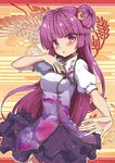  :&lt; alternate_costume bangs beni_kurage blunt_bangs blush china_dress chinese_clothes crescent crescent_hair_ornament double_bun dress hair_ornament highres long_hair looking_at_viewer patchouli_knowledge puffy_short_sleeves puffy_sleeves purple_eyes purple_hair short_sleeves solo touhou very_long_hair 