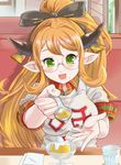  :d black_bow blonde_hair blush bow cherry collared_shirt commentary_request day draph drink feeding food food_on_face fruit glass glasses granblue_fantasy green_eyes hair_bow head_tilt high_ponytail holding holding_spoon horns ice ice_cube indoors long_hair looking_at_viewer napkin ninjatasuku open_mouth plaid plaid_shirt pointy_ears pov_feeding pudding restaurant rimless_eyewear round_eyewear sarya_(granblue_fantasy) shirt short_sleeves sitting smile solo spoon whipped_cream white_shirt window wing_collar 