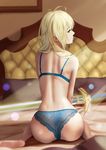  ahoge alternate_hairstyle antenna_hair artoria_pendragon_(all) ass back bare_arms bare_legs bare_shoulders barefoot bed bed_sheet blonde_hair blue_bra blue_eyes blue_panties blurry bra closed_mouth commentary day depth_of_field dylannn excalibur expressionless eyelashes fate/stay_night fate_(series) floral_print from_behind green_eyes hair_down half-closed_eyes indoors lace lace_panties lens_flare light_particles light_rays long_hair looking_at_viewer looking_back on_bed panties pillow profile saber shoulder_blades sitting sitting_on_bed solo sunbeam sunlight underwear wariza weapon 