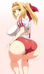 1girl ass ass_shake blonde_hair blush breasts buruma cameltoe erect_nipples fate/extra fate_(series) flag from_behind green_eyes gym_clothes gym_uniform hair_intakes headband huge_ass huge_breasts jadf jiggle long_hair looking_at_viewer open_mouth ponytail pussy_juice saber_extra shiny shiny_clothes shiny_hair shiny_skin sideboob smile solo sweat 