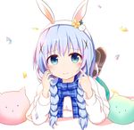  animal_ears aqua_legwear bangs blue_eyes blue_hair blue_scarf blush braid brown_footwear bunny_ears cat_pillow closed_mouth commentary confetti eyebrows_visible_through_hair fake_animal_ears gochuumon_wa_usagi_desu_ka? hair_over_shoulder hairband hanakoizumi_yoruno hands_up head_tilt highres kafuu_chino long_hair long_sleeves looking_at_viewer lying on_stomach plaid plaid_scarf scarf shoes smile solo sweater tippy_(gochiusa) twin_braids twintails white_background white_hairband white_sweater 