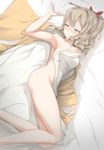  3: armpits bed_sheet blue_eyes blush brown_hair closed_mouth collarbone commentary_request drill_hair hair_between_eyes hatakaze_(kantai_collection) highres kantai_collection looking_away lying nude on_side sheet_grab short_hair solo vipper_captain 