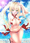  ahoge ass_visible_through_thighs beach bikini blonde_hair blush breasts cloud criss-cross_halter day earrings fate/grand_order fate_(series) green_eyes hair_intakes halterneck highres jewelry large_breasts long_hair looking_at_viewer navel nero_claudius_(fate)_(all) nero_claudius_(swimsuit_caster)_(fate) ocean open_mouth outdoors side-tie_bikini sky slippers smile solo splashing striped striped_bikini sun swimsuit twintails very_long_hair wet yuuzuki_hijiri 