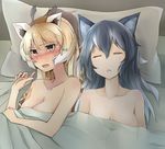  amai_nekuta animal_ears bed bed_sheet black_eyes black_hair blonde_hair blush breasts closed_eyes commentary_request couple giraffe_ears giraffe_horns grey_wolf_(kemono_friends) kemono_friends long_hair lying medium_breasts multicolored_hair multiple_girls naked_sheet on_back reticulated_giraffe_(kemono_friends) short_hair side-by-side sleeping two-tone_hair under_covers white_hair wolf_ears yuri 