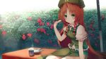  black_bow bow braid chinese_clothes chopsticks commentary_request cup dango day eating flower food frilled_shirt frills gengetsu_chihiro green_eyes green_hat hair_bow hat highres hong_meiling long_hair looking_at_viewer outdoors pelvic_curtain puffy_short_sleeves puffy_sleeves red_flower red_hair shirt short_sleeves sitting solo star touhou twin_braids very_long_hair vest wagashi 