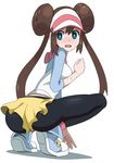  1girl ass black_legwear blue_eyes blue_footwear blush breasts brown_hair double_bun embarrassed female from_behind full_body hair_tie hand_up hat long_hair looking_back looking_to_the_side medium_breasts mei_(pokemon) open_mouth pantyhose pink_hat pink_socks pokemon pokemon_(game) pokemon_bw2 rayphenos shirt shoes shorts simple_background socks solo squatting sweat tied_hair twintails visor_cap white_background white_hat white_shirt yellow_shorts 