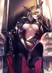  armor artist_name artoria_pendragon_(all) artoria_pendragon_(lancer_alter) blonde_hair blurry blush boots braid breasts cape chair cleavage commentary_request crossed_legs dark_persona depth_of_field eyebrows_visible_through_hair fate/grand_order fate_(series) gauntlets hand_on_own_cheek high_heel_boots high_heels horns kyouya_(mukuro238) large_breasts lips long_hair looking_at_viewer navel open_mouth parted_lips pauldrons red_cape shiny shiny_hair short_hair sitting solo throne underboob yellow_eyes 