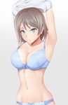  armpits arms_up blue_bra blue_eyes blue_panties bra breasts cleavage commentary_request cowboy_shot gradient gradient_background grey_hair highres looking_at_viewer love_live! love_live!_sunshine!! md5_mismatch medium_breasts panties shaito short_hair solo underwear underwear_only undressing watanabe_you 