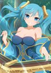  bare_shoulders blue_eyes breasts collarbone commentary day dress eyebrows_visible_through_hair green_hair head_tilt instrument large_breasts league_of_legends long_hair outdoors parted_lips smile solo sona_buvelle tree twintails very_long_hair wanaca 