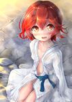  :d bath_yukata blush breasts commentary_request covered_nipples fang from_above highres japanese_clothes kantai_collection kimono looking_at_viewer mutsuki_(kantai_collection) naked_kimono nyafu_(moai_lion) open_clothes open_kimono open_mouth red_eyes red_hair short_hair sitting small_breasts smile solo wading wet wet_clothes yukata 