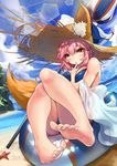  absurdres animal_ears barefoot beach bikini blue_bikini blue_sky breasts cloud day ears_through_headwear fate/grand_order fate_(series) feet finger_to_mouth fox_ears fox_tail hat highres index_finger_raised light_rays medium_breasts nail_polish ocean outdoors sand sky solo straw_hat sun_hat sunbeam sunlight swimsuit tail tamamo_(fate)_(all) tamamo_no_mae_(swimsuit_lancer)_(fate) toenail_polish yellow_eyes zpig020406 