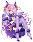  androgynous animal_ears astolfo_(fate) black_bow blush bow braid commentary cosplay dangerous_beast elbow_gloves fang fate/apocrypha fate/grand_order fate_(series) fur_trim gloves hair_ribbon halloween halloween_costume highres hiyu_(itsumono) looking_at_viewer male_focus mash_kyrielight mash_kyrielight_(cosplay) multicolored_hair navel open_mouth otoko_no_ko pink_hair purple_eyes ribbon single_braid solo streaked_hair tail thighhighs wolf_ears wolf_tail 