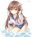  arashio_(kantai_collection) brown_eyes brown_hair cosplay cowboy_shot hair_ornament i-58_(kantai_collection) i-58_(kantai_collection)_(cosplay) kantai_collection kurun_(kurun777) long_hair looking_at_viewer neckerchief no_pants one-piece_swimsuit pink_neckwear school_swimsuit school_uniform serafuku simple_background solo swimsuit swimsuit_under_clothes twitter_username wading water white_background 